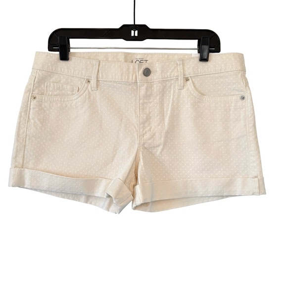 LOFT Pants - NWT Ann Taylor Original Straight Cream White Polka Dot Cuffed Denim Shorts, Sz 8
